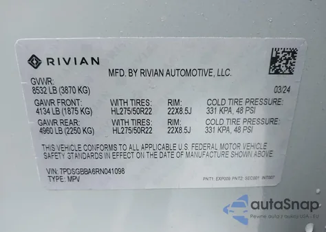 2024 Rivian R1S Adventure Dual Motor Large Pack/Adventure Dual Motor Perf Large Pack z USA, uszkodzony, nr VIN 7PDSGBBA6RN041098